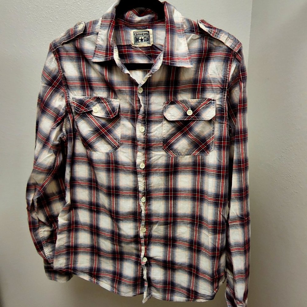 Converse One Star Flannel Shirt Mens Medium Red Black Button Up Long Sleeve - Picture 1 of 8